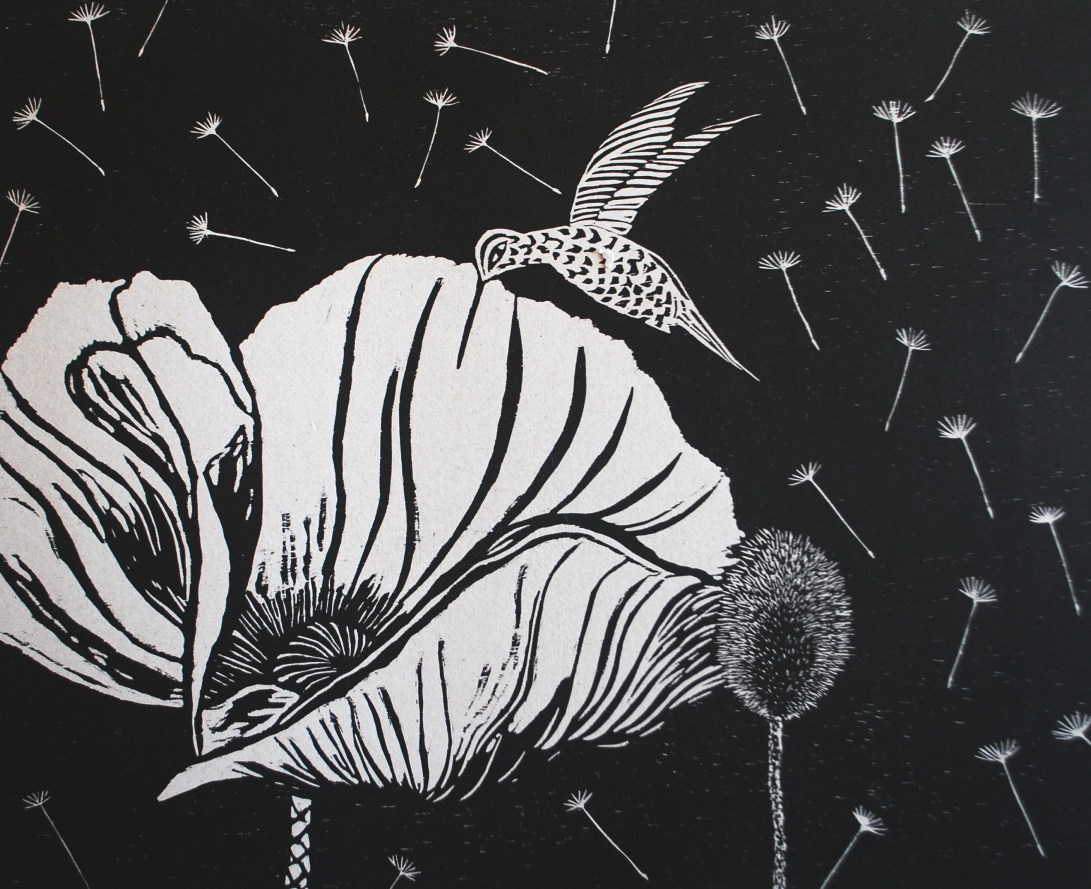 genevieve guadallupe colibri y su amapola 2016 xilografia